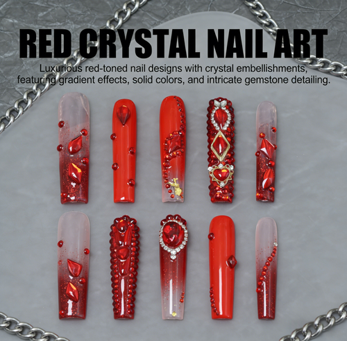 💥Buy one, get three！！red, pink, and white full rhinestone nail art