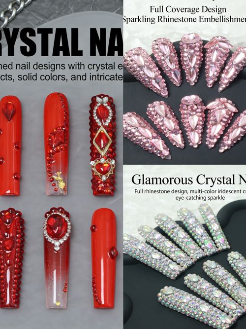 💥Buy one, get three！！red, pink, and white full rhinestone nail art