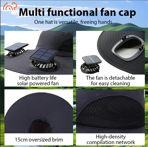 💥💥Wholesale Price Rechargeable Solar Fan Hat - Adjustable Wide Brim 15cm) Fishing Cap with Dual Cooling Fans & UV Protection💥
