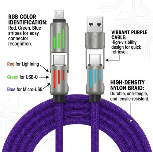 💥 240W 4‑in‑1 Multi Charger Cable with RGB LED light