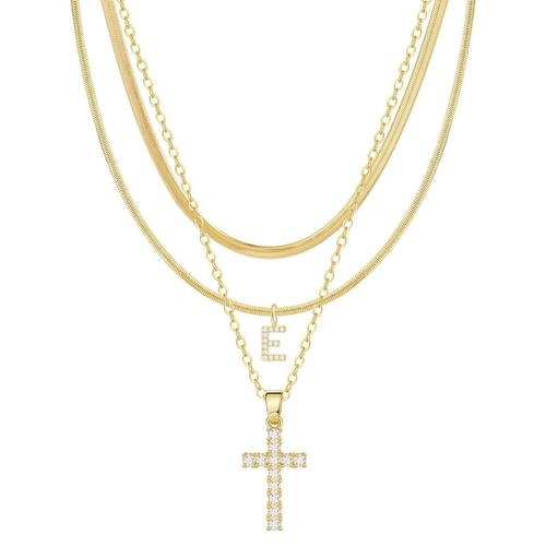 Cross pendant and snake bone chain layered necklace set