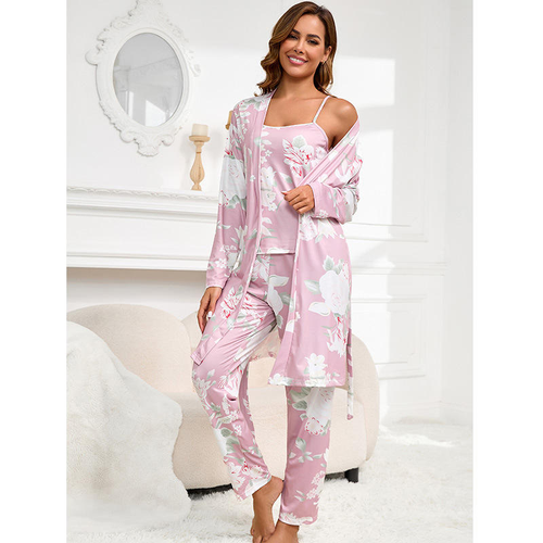 Cotton 3-Piece Sleepwear Set: Robe, Spaghetti-Strap Nightgown, and Long Pants