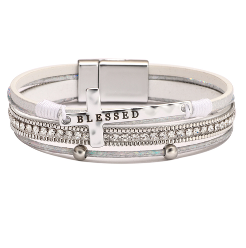 Bohemian-Style Cross Bracelet — Light Luxury Micro-Pavé Diamond Magnetic Clasp Bangle — PU Leather Bracelet