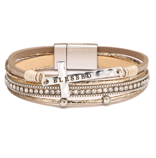 Bohemian-Style Cross Bracelet — Light Luxury Micro-Pavé Diamond Magnetic Clasp Bangle — PU Leather Bracelet