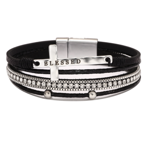 Bohemian-Style Cross Bracelet — Light Luxury Micro-Pavé Diamond Magnetic Clasp Bangle — PU Leather Bracelet