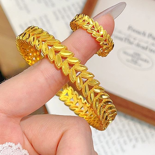 Sand Gold Hollow-Out Bangle and Ring Set — Non-Fading with Long-Term Wear