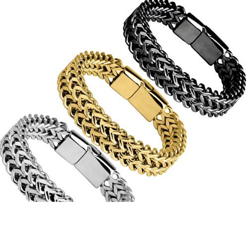 European & American Style 18K Real Gold-Plated Bracelet — Bold & Distinctive Men's Electroplated Alloy Bracelet with Double Clasp, A Trendy and Striking Statement Piece