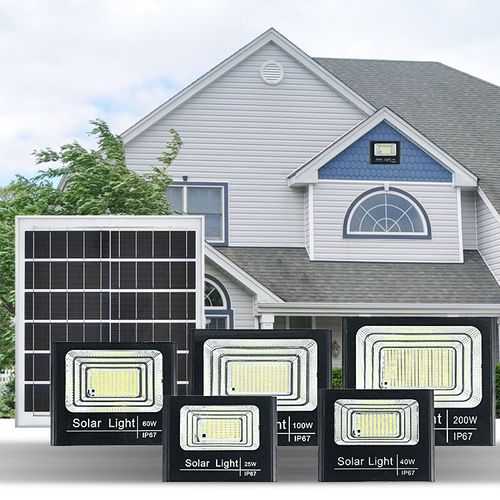 Outdoor energy-saving 40W-200W solar LED floodlight, waterproof IP66, motion sensor, aluminum body for residential security.