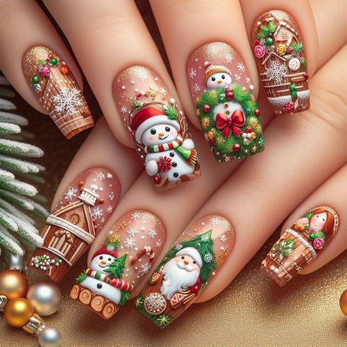 24pcs 3D Christmas Theme Embossed Snowman Nail Designs Art Decoration Wearable Fake Nail Stickers Christmas Nail Pieces
