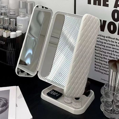 USB LED Portable Desktop Cosmetic Mirror Three Sides Folding and Touch Screen Vanity Mirror with Magnifying Glass