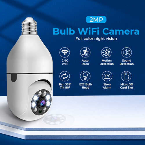 Ultra-low price outdoor two-way wireless light bulb camera with motion detection and 360-degree panoramic WiFi connectivity.