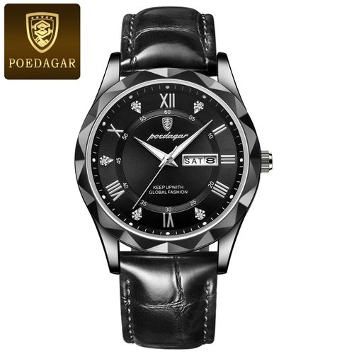 Men's Watch — Water-Resistant, Luminous, Date and Day Display, Quartz Movement, Genuine Leather Strap