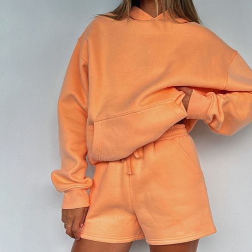OEM Customize Color Logo Private Label Blank Solid Hoodie Shorts 2 Piece Set Women Clothing Tracksuits