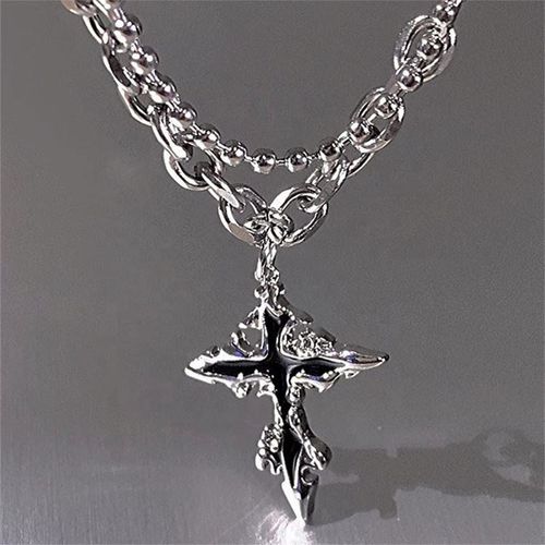 Trendy punk-style metal cross star cool necklaces, double-layer spliced neck ornaments. 4-style gift box set, ideal for daily wear and gifting.