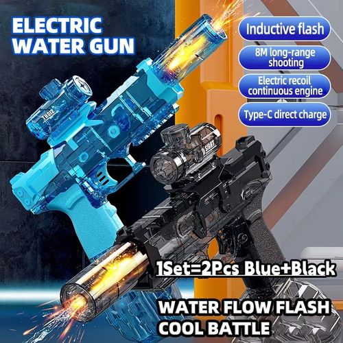 Auto Flash Recoil Electric Water Gun | 1Set=2Pcs Blue+Black