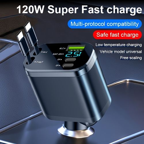 5-in-1 Car Multi-Protocol Charger: 120W Ultra-Fast, Low-Temperature Charging. Universal for Vehicles, Safe & Fast for USB-C Devices - Modern Compact Car Charger, Compatible with iPhone 17, iPad & More.