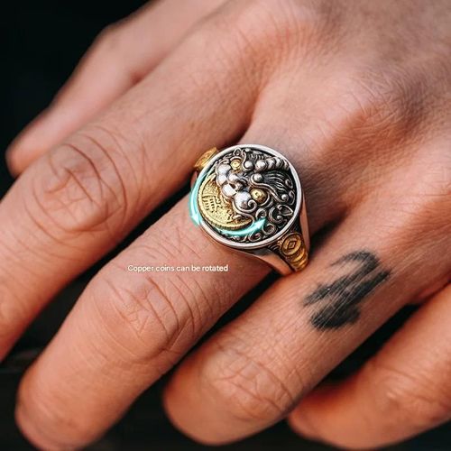Exquisite Retro Pixiu Ring for Men, with Two - tone Three - dimensional Carving Craftsmanship, Rotatable Copper Coin Symbolizing Wealth - Attracting, Adjustable Open Design, Fully Showcasing the Charm of Personalized Trendy Jewelry