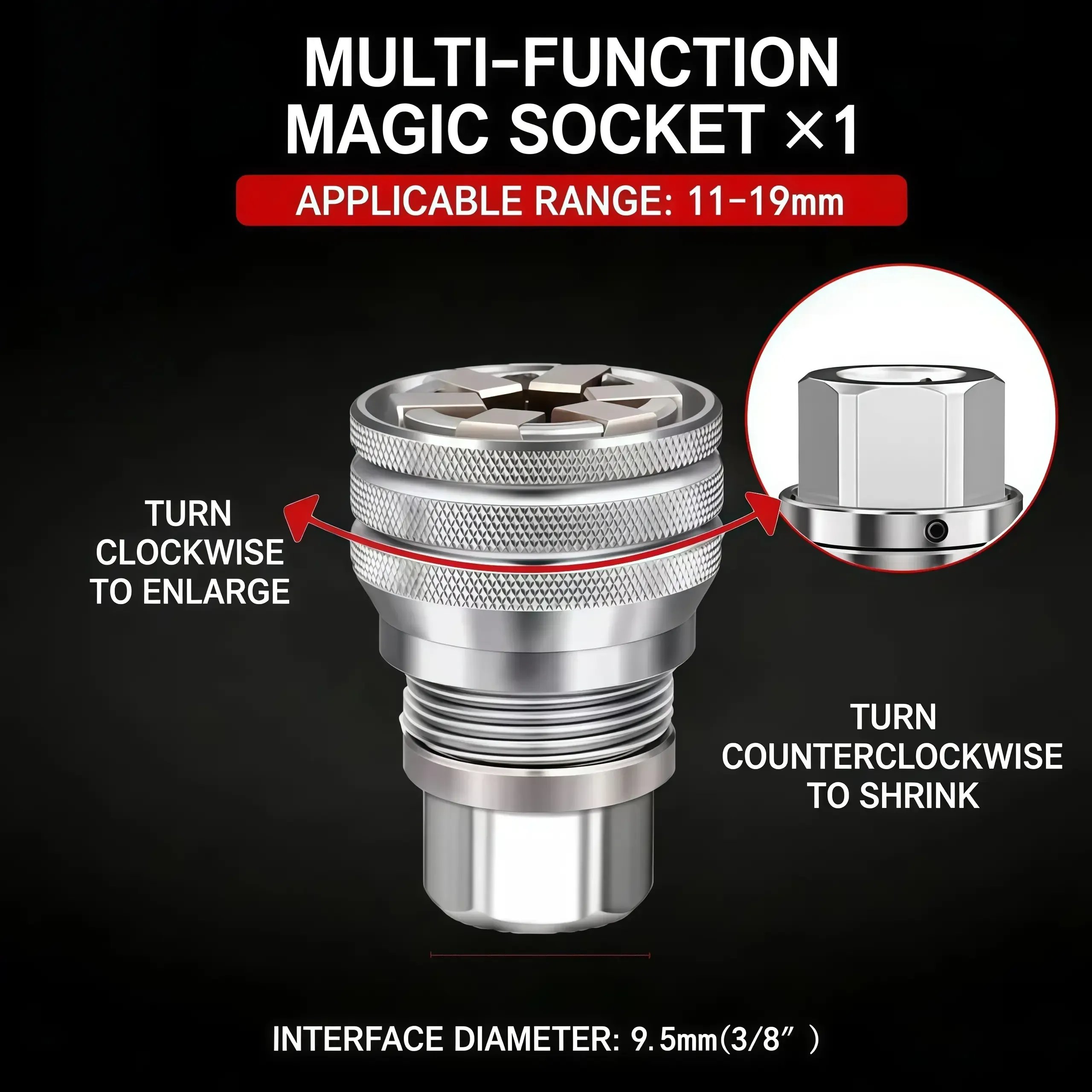 Universal Magic Socket Tool 11-19mm Adjustable Wrench with 38 Adapter for Electric Drill and Ratchet Wrench