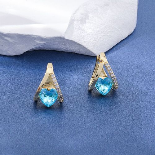 Gold Hoop Earrings with Blue Heart Gemstone and Clear Rhinestone Trim