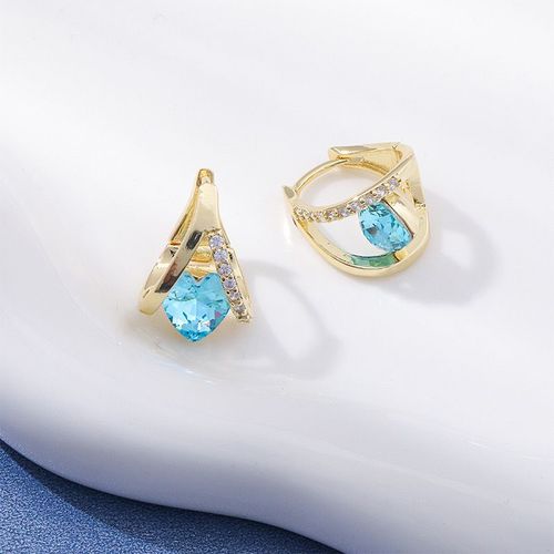 Gold Hoop Earrings with Blue Heart Gemstone and Clear Rhinestone Trim