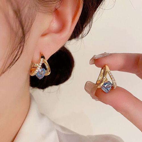 Gold Hoop Earrings with Blue Heart Gemstone and Clear Rhinestone Trim