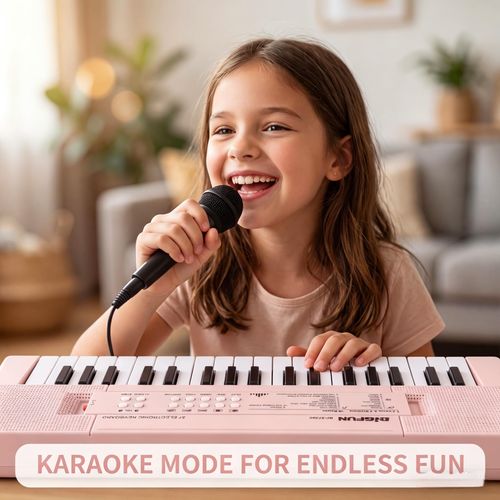 37 Keys Kids Piano with Microphone, Music Keyboard, Light Red