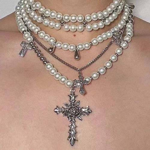 Hip hop punk rose cross necklace, retro water droplet pearl bead necklace set