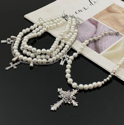 Hip hop punk rose cross necklace, retro water droplet pearl bead necklace set