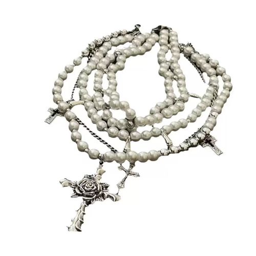 Hip hop punk rose cross necklace, retro water droplet pearl bead necklace set