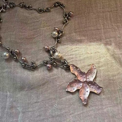 Original design （Ocean Star）starfish flower titanium steel powder purple pearl necklace choker collarbone chain