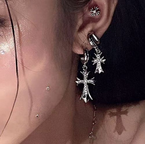 Ins style cross zircon asymmetrical earrings, light luxury niche design, high-end earrings, personalized earrings