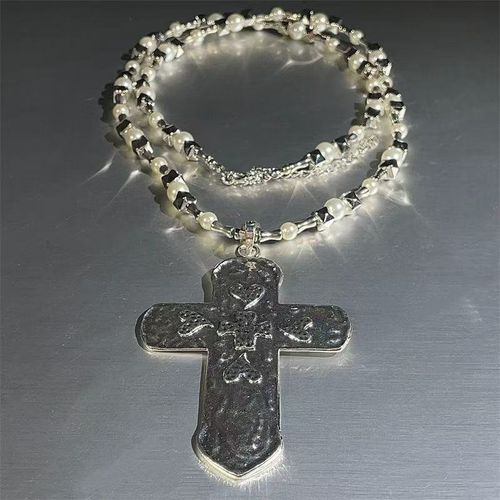 Punk heavy industry style pearl cross pendant necklace for female niche Y2K subculture trend collarbone chain