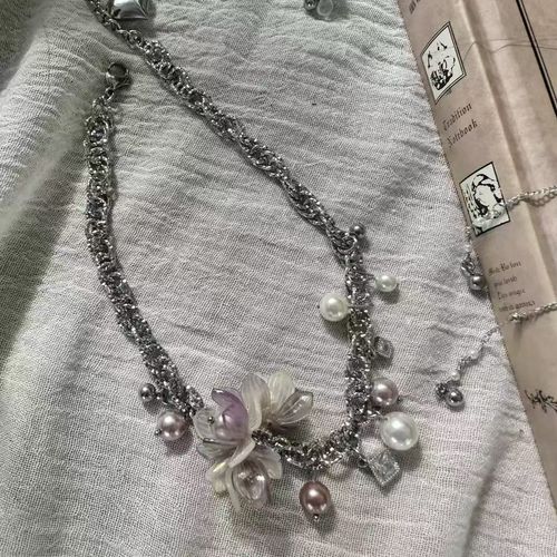 Original design （Ocean Star）starfish flower titanium steel powder purple pearl necklace choker collarbone chain