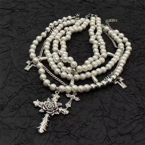 Hip hop punk rose cross necklace, retro water droplet pearl bead necklace set
