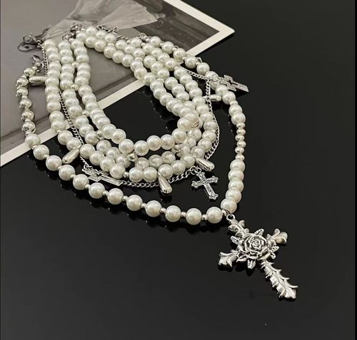 Hip hop punk rose cross necklace, retro water droplet pearl bead necklace set