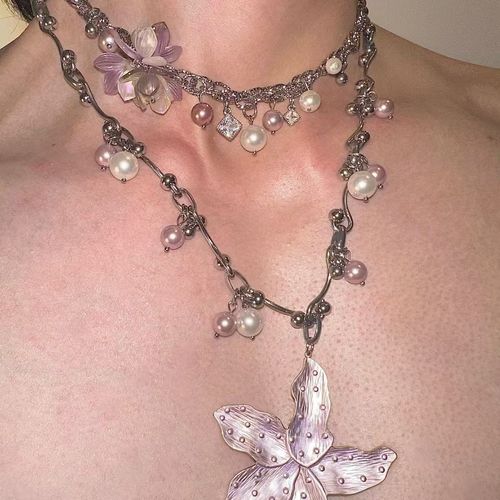 Original design （Ocean Star）starfish flower titanium steel powder purple pearl necklace choker collarbone chain