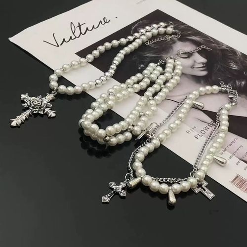 Hip hop punk rose cross necklace, retro water droplet pearl bead necklace set