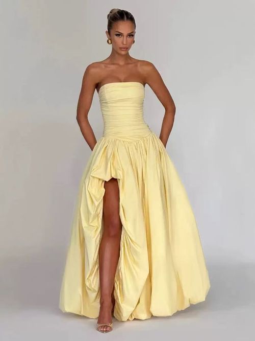 2025 Summer New Product: strapless, slit tied, slim fit, waist cinching, solid color, stylish dress, dress