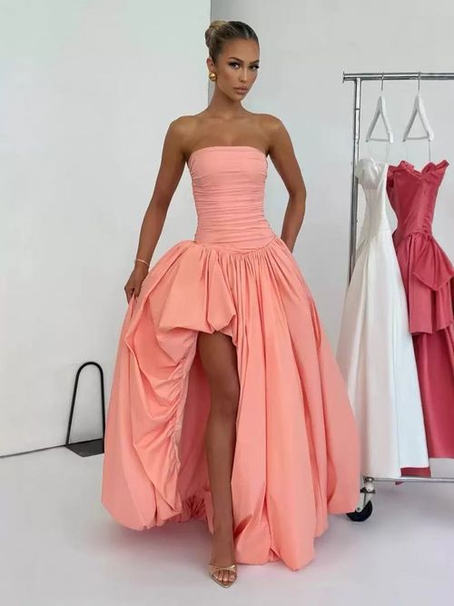 2025 Summer New Product: strapless, slit tied, slim fit, waist cinching, solid color, stylish dress, dress