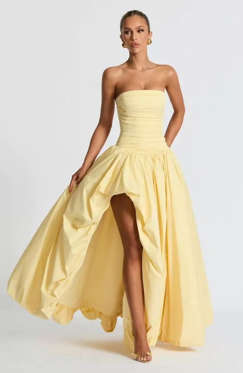 2025 Summer New Product: strapless, slit tied, slim fit, waist cinching, solid color, stylish dress, dress