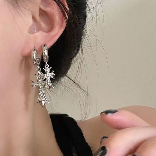 Ins style cross zircon asymmetrical earrings, light luxury niche design, high-end earrings, personalized earrings