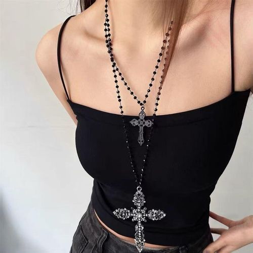 Dark Gothic y2k Heavy Industry Double layer Cross Beaded Necklace for Women with Personalized Design and Clavicle Chain