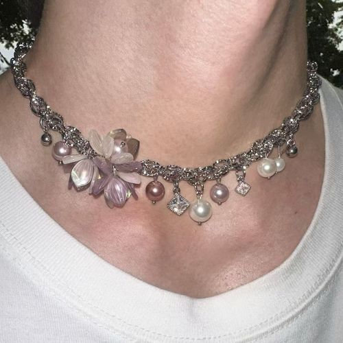 Original design （Ocean Star）starfish flower titanium steel powder purple pearl necklace choker collarbone chain