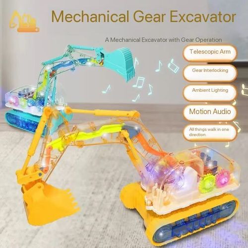 Children's electric universal transparent gear excavator colorful light music engineering car model boy toy