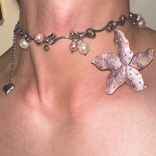 Original design （Ocean Star）starfish flower titanium steel powder purple pearl necklace choker collarbone chain