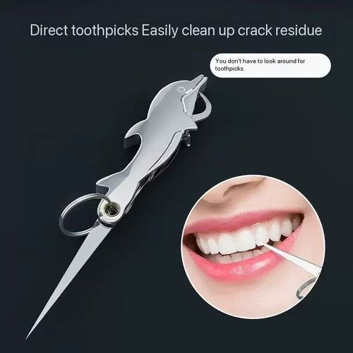 Multi-functional toothpick portable tool, stainless steel teeth picking magic tool, integrated teeth cleaning small knife, keychain, foldable and portable