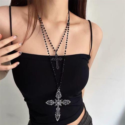 Dark Gothic y2k Heavy Industry Double layer Cross Beaded Necklace for Women with Personalized Design and Clavicle Chain
