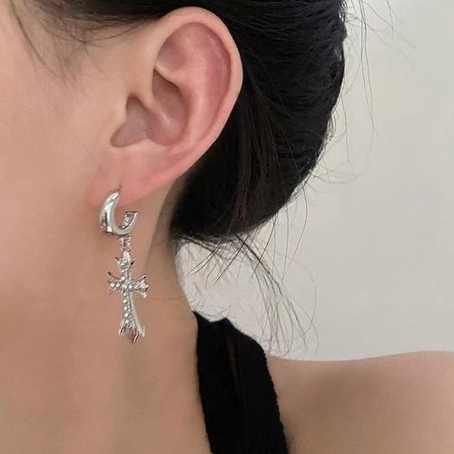 Ins style cross zircon asymmetrical earrings, light luxury niche design, high-end earrings, personalized earrings