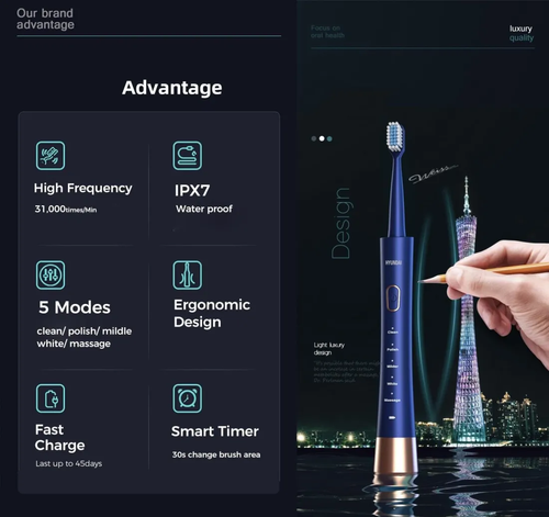 High Vibration Sonic Electric Toothbrush for Adults With 3 Replacement Brush Heads