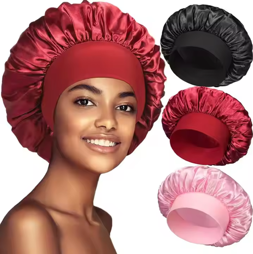 Buy one, get one free  New Satin Bonnets Night Sleeping Cap Large Elastic Wide Soft Band Colorful Silk Hat for Curly Hair Care Beauty Makeup for Women